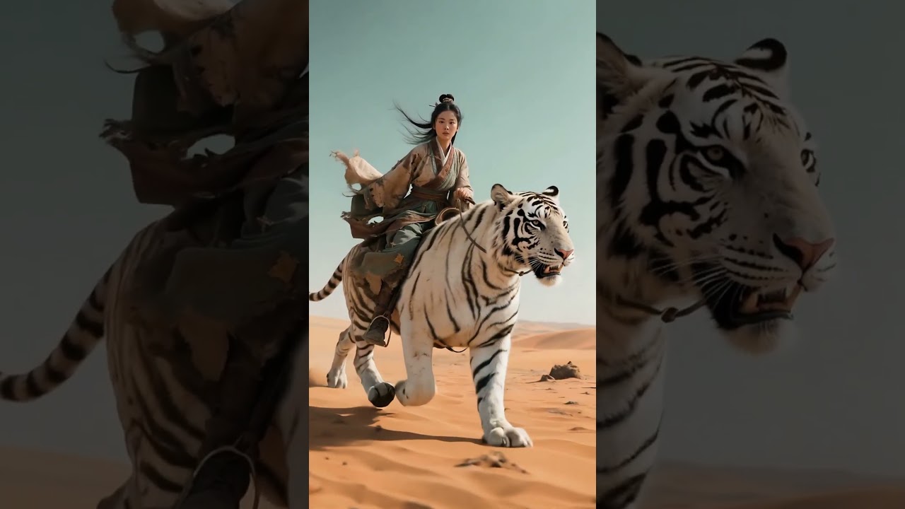 Wanita Cantik Menunggang Harimau Putih Gergasi - Pemandangan Menakjubkan